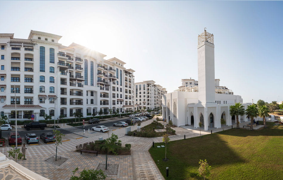 Ansam exterior view on Yas Island, Abu Dhabi featuring modern residential architecture and landscaped surroundings