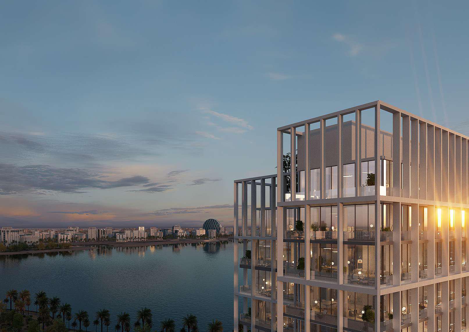 Elegant exterior view of Opula Residences featuring landscaped surroundings, premium tower detailing, and sophisticated Abu Dhabi skyline aesthetics.
