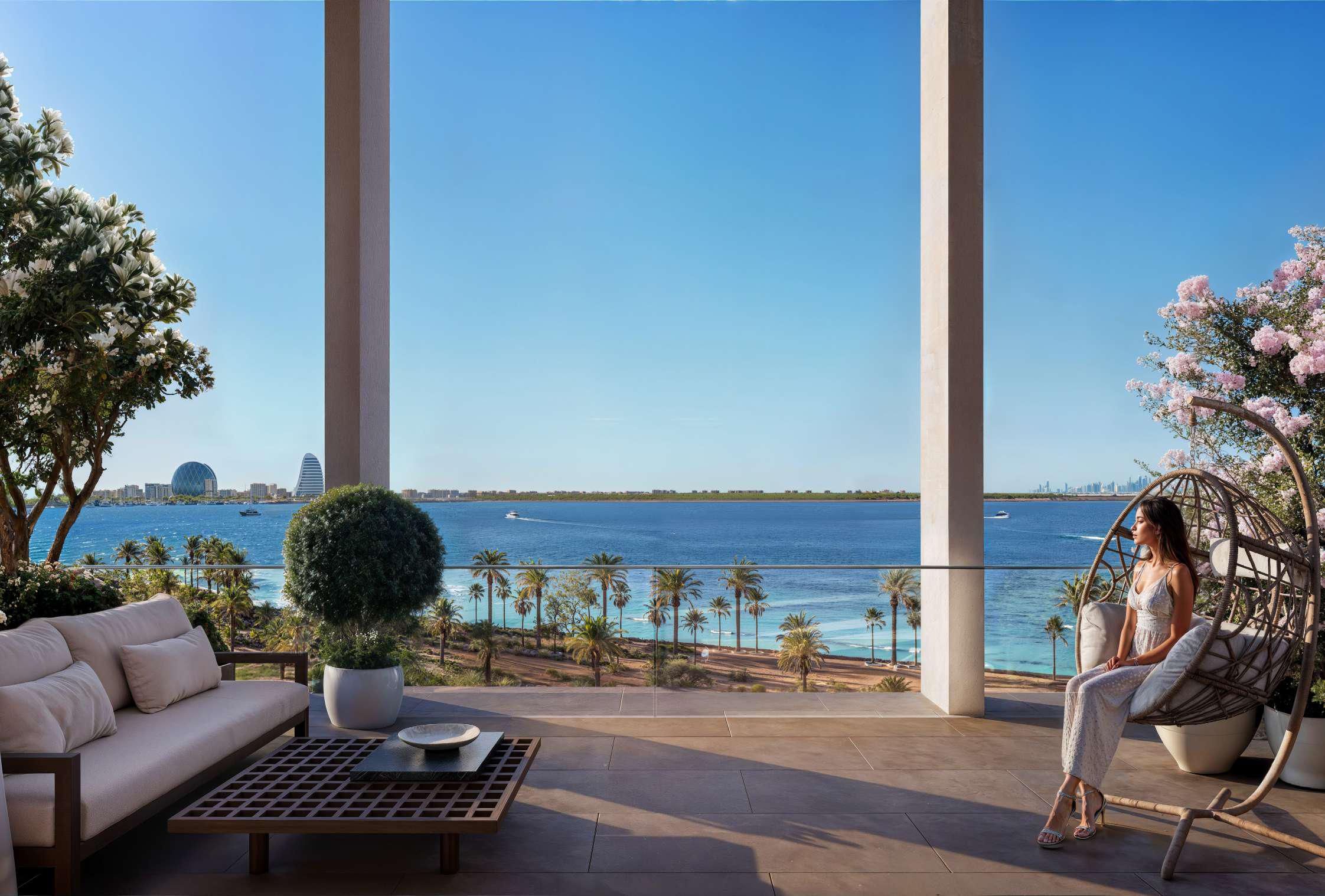 Sunset exterior of Opula Residences Abu Dhabi highlighting warm lighting, modern structure, and serene residential ambiance.