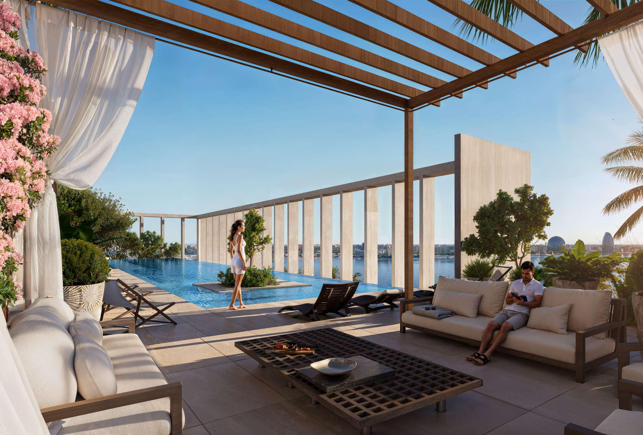 Resort‑style swimming pool at Opula Residences Abu Dhabi offering panoramic views, luxury lounging spaces, and serene leisure ambiance.
