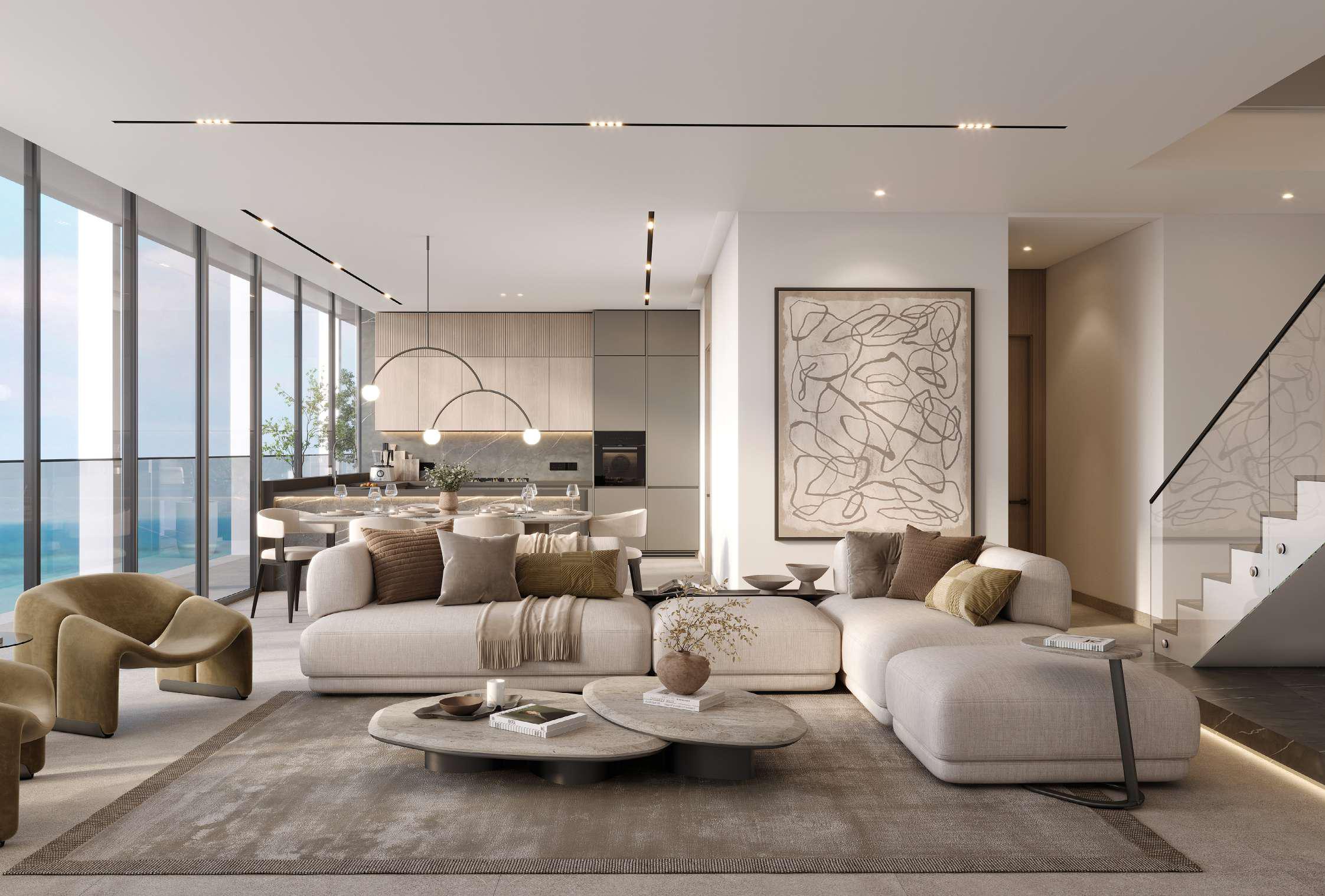 Elegant bedroom interior at Opula Residences showcasing natural lighting, refined materials, and modern Abu Dhabi luxury living.