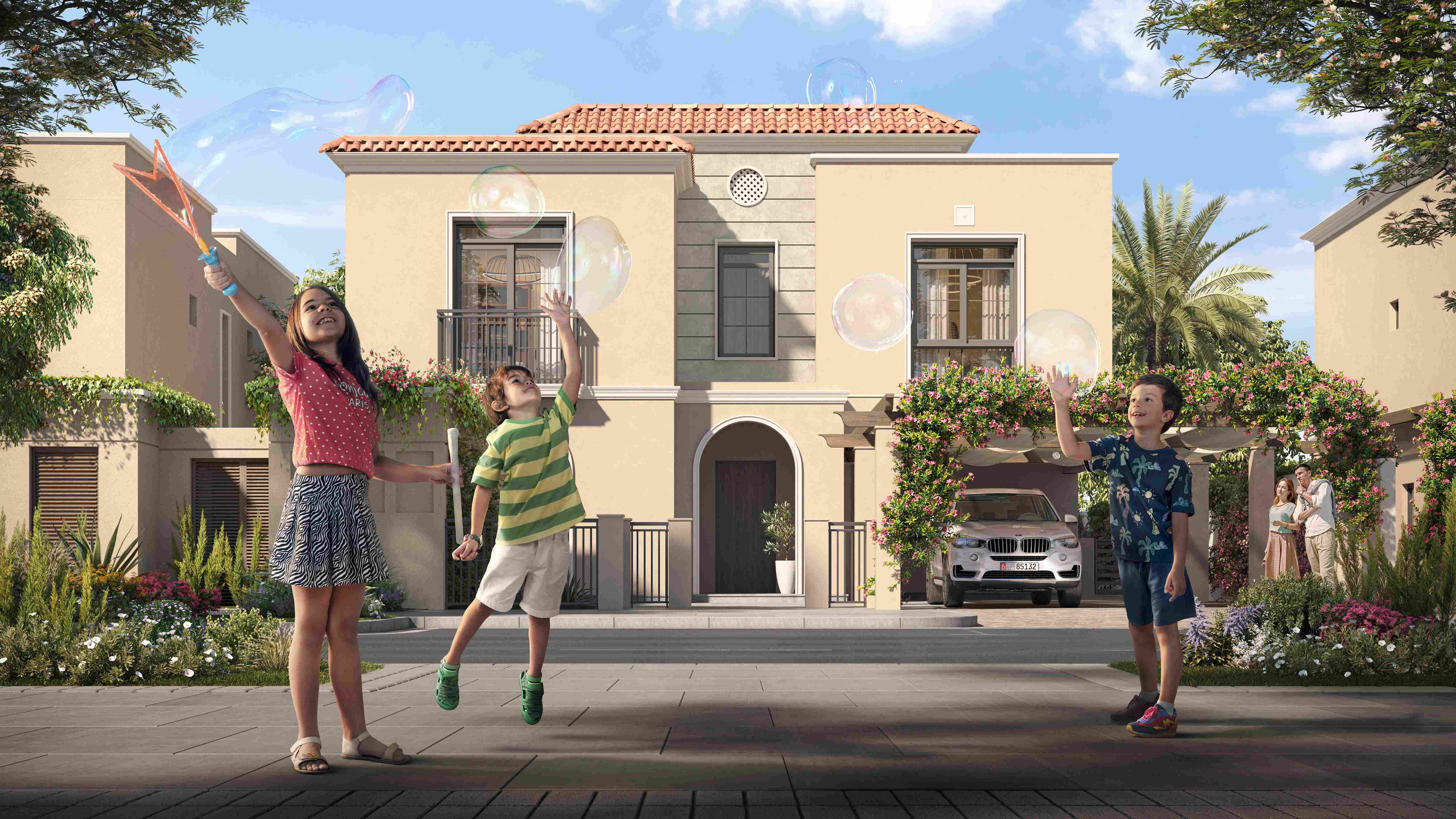 A row of elegant villas on a tree-lined street in Yas Park Views, offering a peaceful neighborhood ambiance in Yas Island.