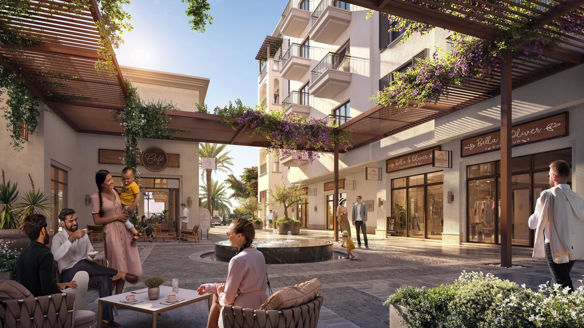 Yas Golf Collection communal podium garden oasis overlooking golf and mangroves on Yas Island.