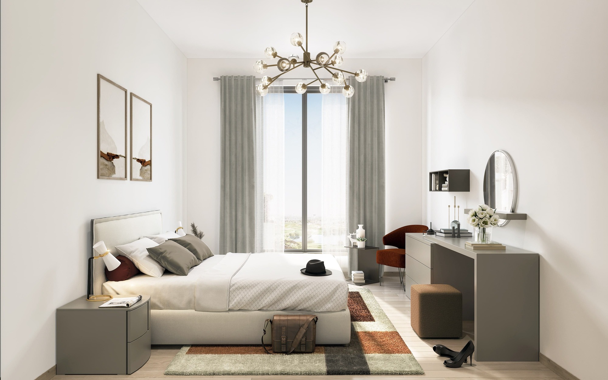 Duplex living area with high-end finishes overlooking Yas Links at Yas Golf Collection.