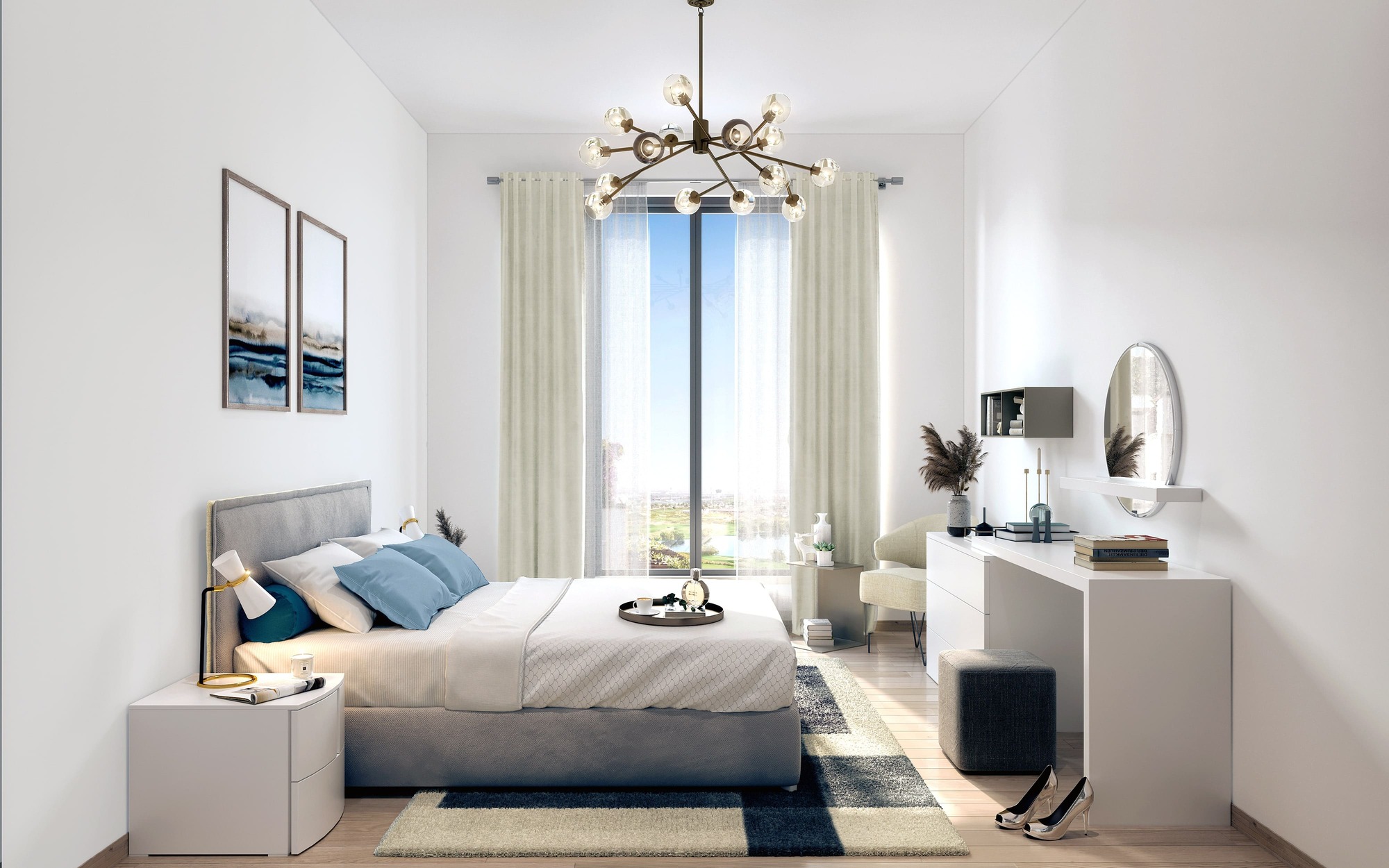 1-bedroom apartment interior with smart finish and golf course view in Yas Golf Collection.