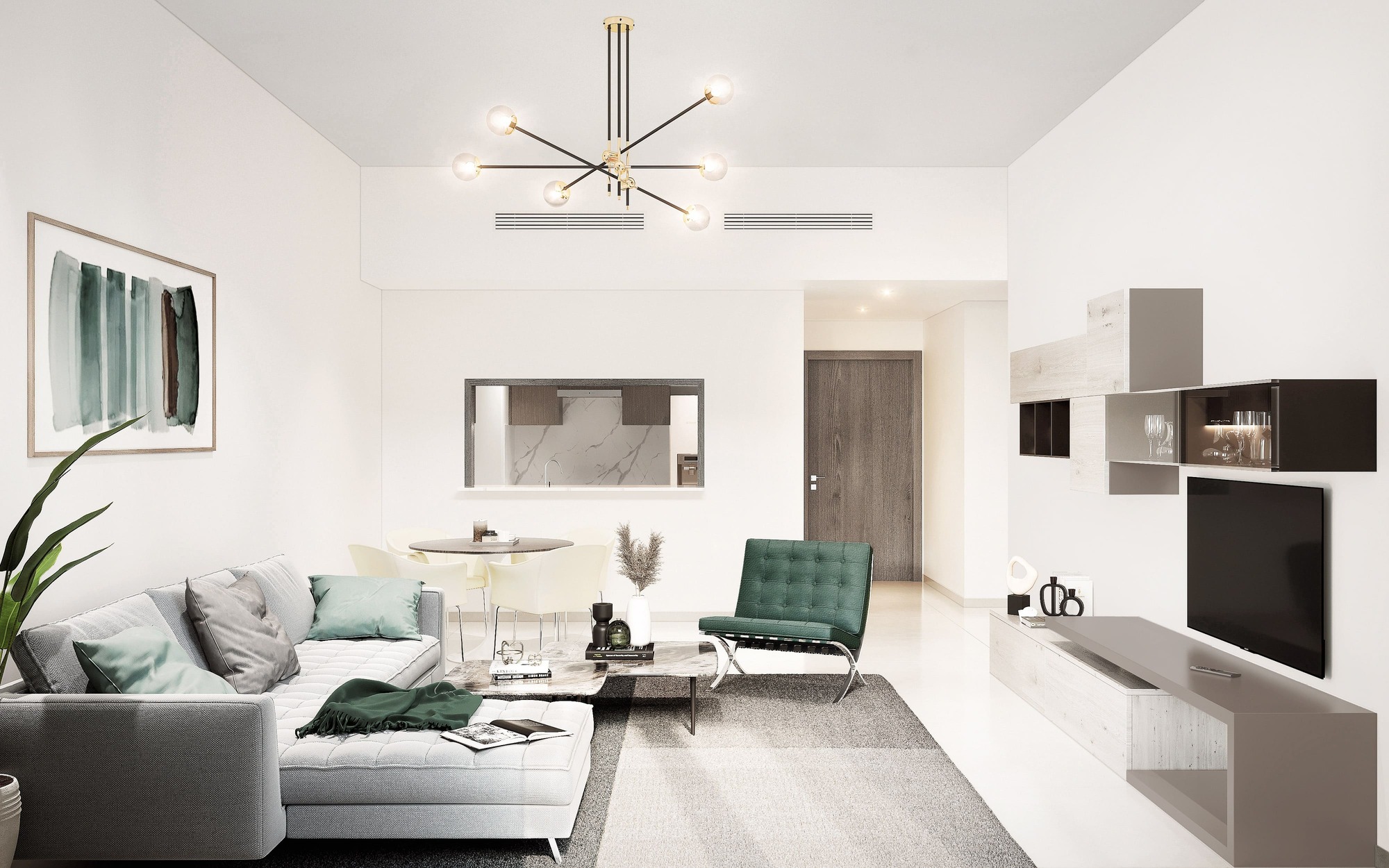 Fully furnished studio at Yas Golf Collection with modern open-plan design.