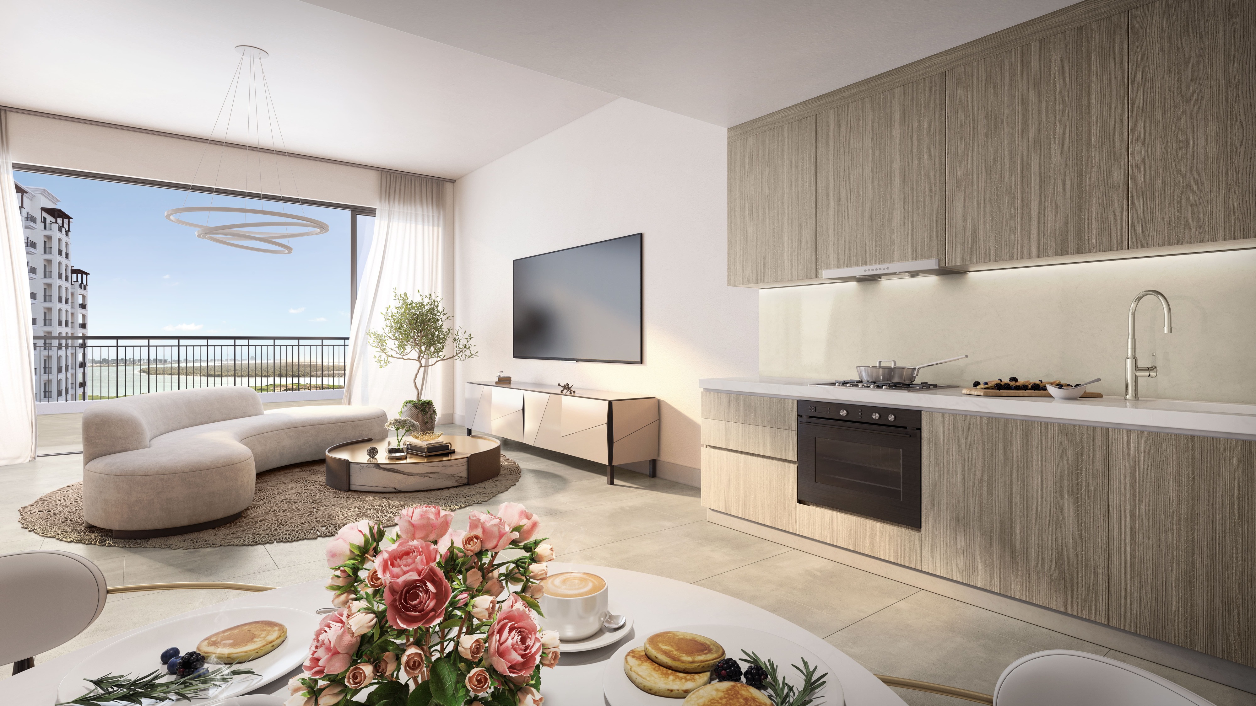 Stylish bedroom layout with natural light at Yas Golf Collection residence.