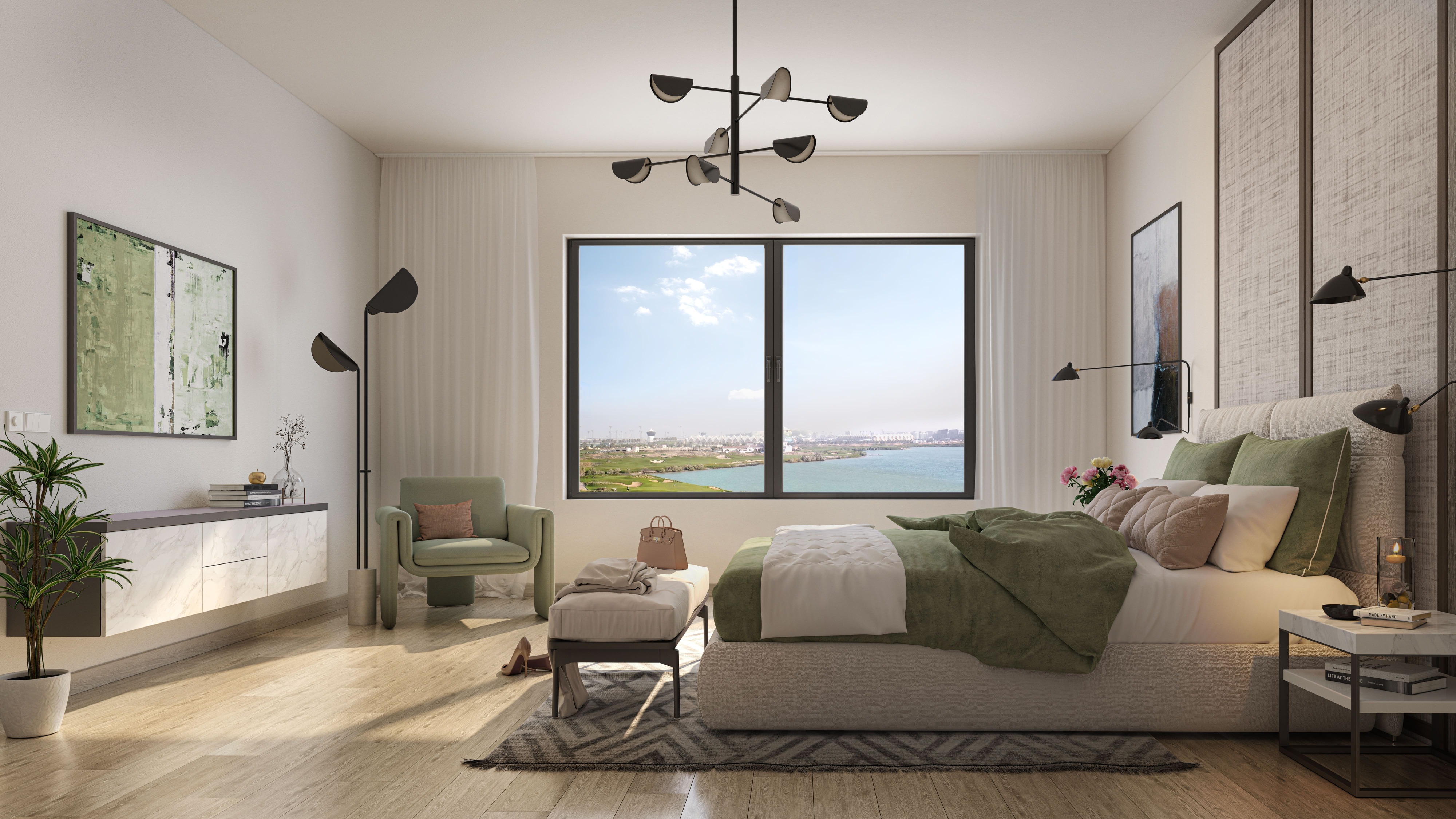 Open-plan dining and living interior styled for minimalist elegance at Yas Golf Collection.