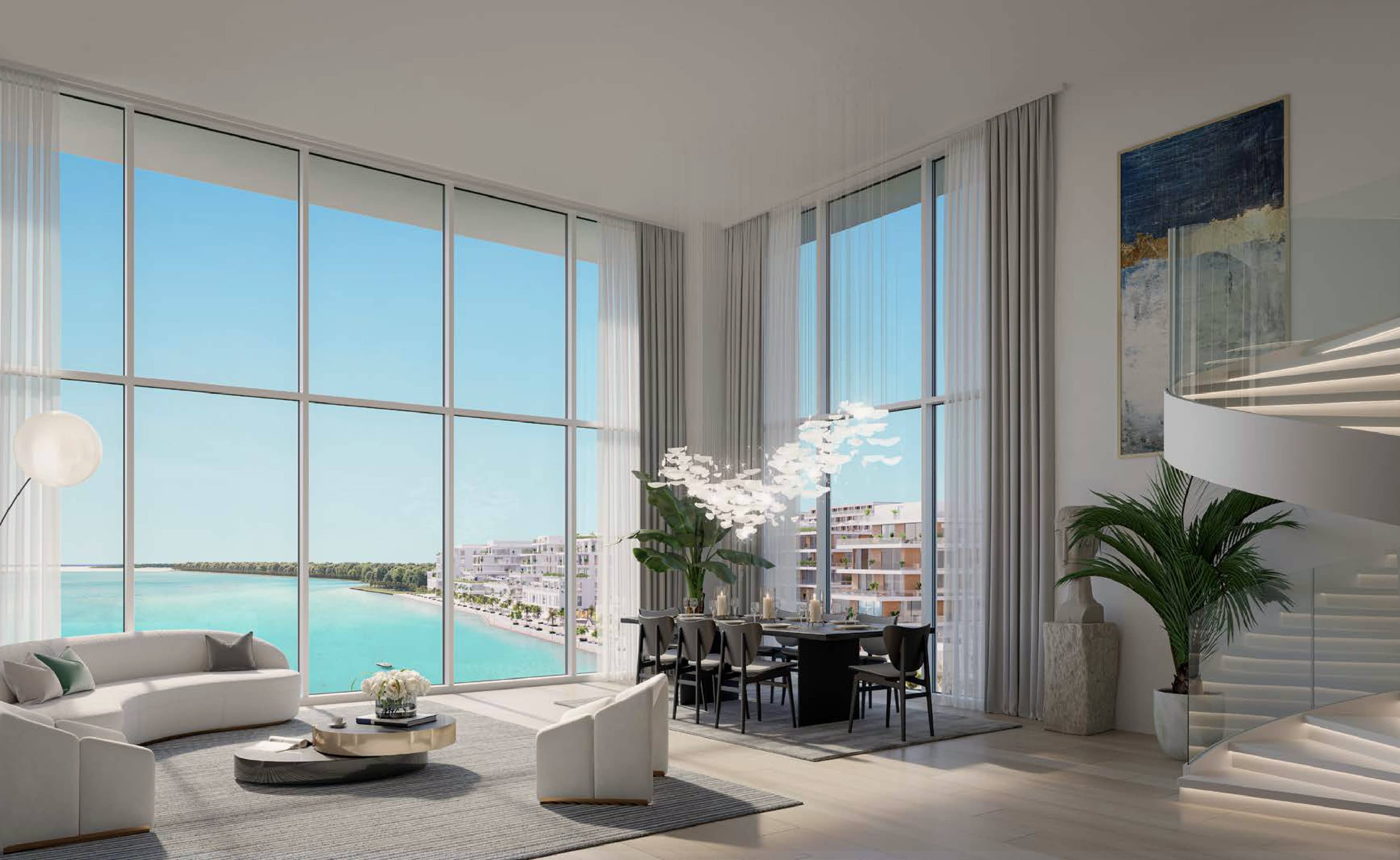 Yas Acres North Bay spacious living room with contemporary design and waterfront views