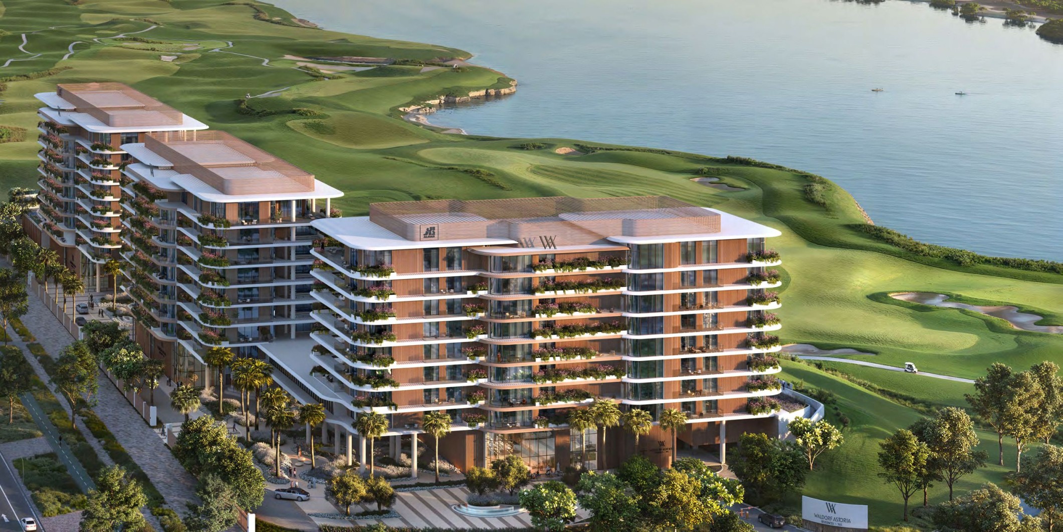 Waldorf Astoria Residences Yas on Yas Island featuring branded luxury residences overlooking Yas Links Golf Course.