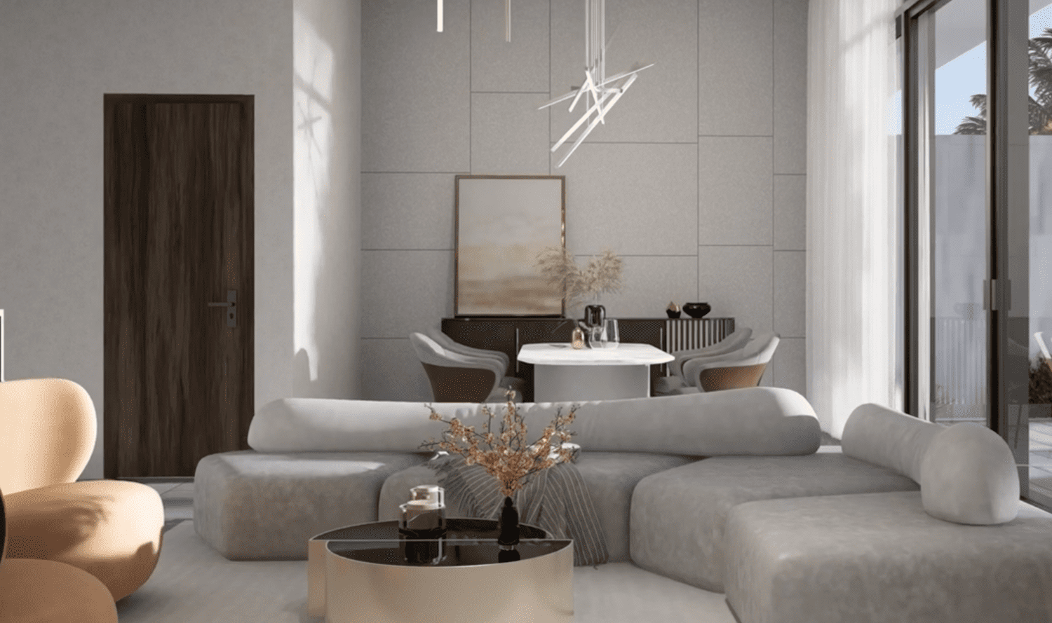 The Icon Tower modern living room with elegant contemporary interiors in Yas Bay