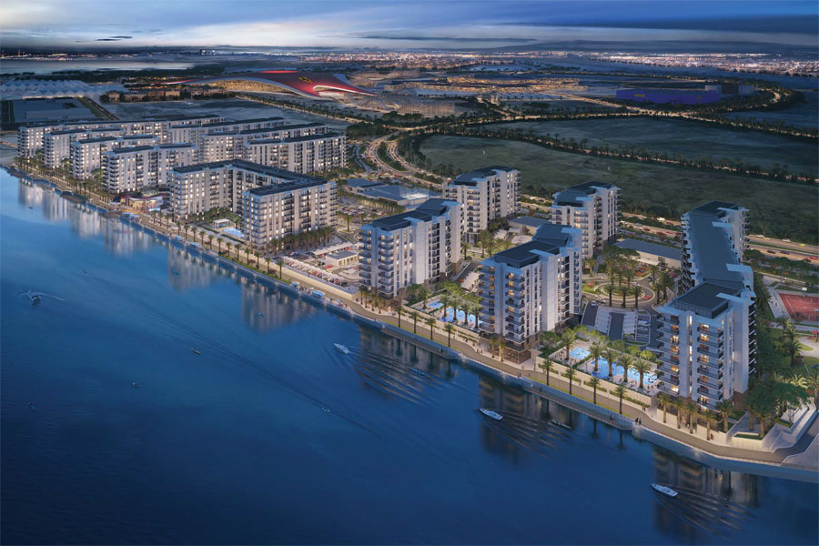 Water's Edge contemporary residential buildings overlooking the canal on Yas Island