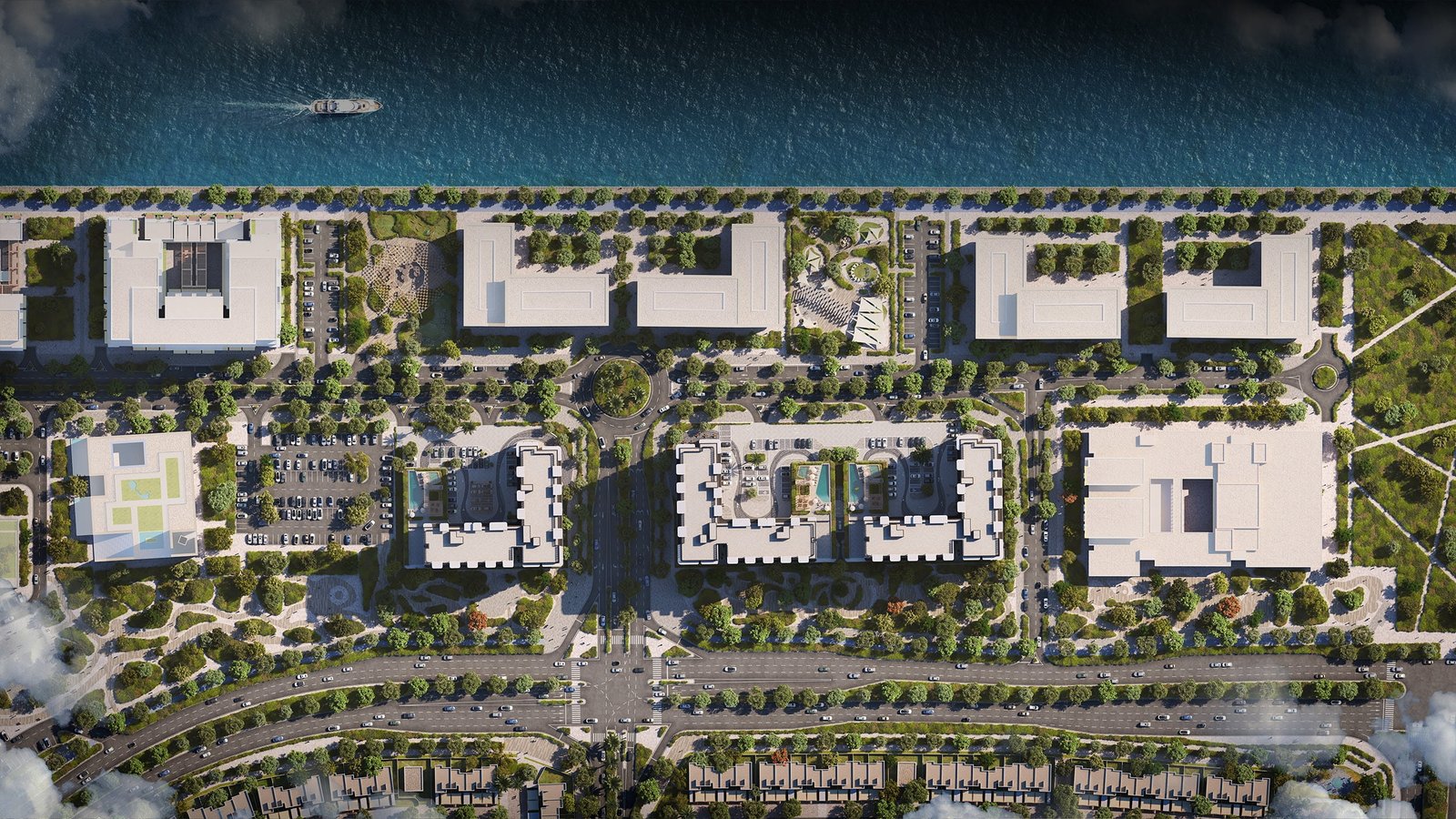 Aerial view of Yas Living by Aldar on Yas Island, Abu Dhabi, showing modern residential buildings and landscaped community spaces.