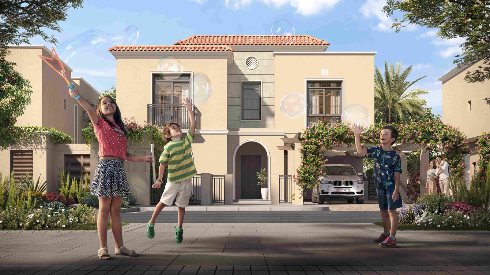 Yas Park Views Mediterranean villas on Yas Island Abu Dhabi exterior view with landscaped gardens